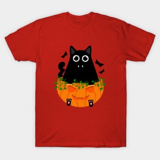 Cute Spooky Black Cat with Fangs Sits in Halloween Pumpkin T-Shirt